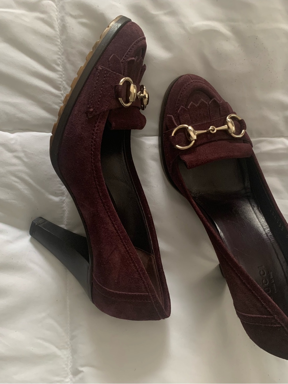 Gucci Burgundy Suede Heeled Loafers with Gold Horsebit